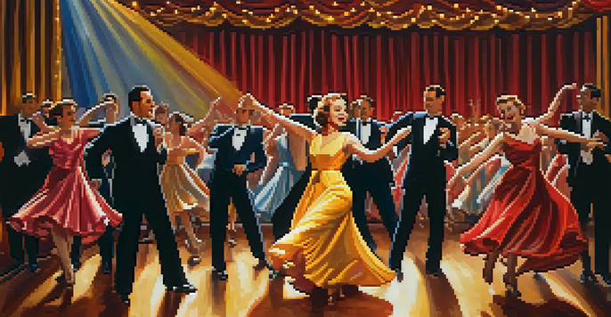 A lively dance performance in a 1930s theater with elegantly dressed dancers and colorful stage lights.