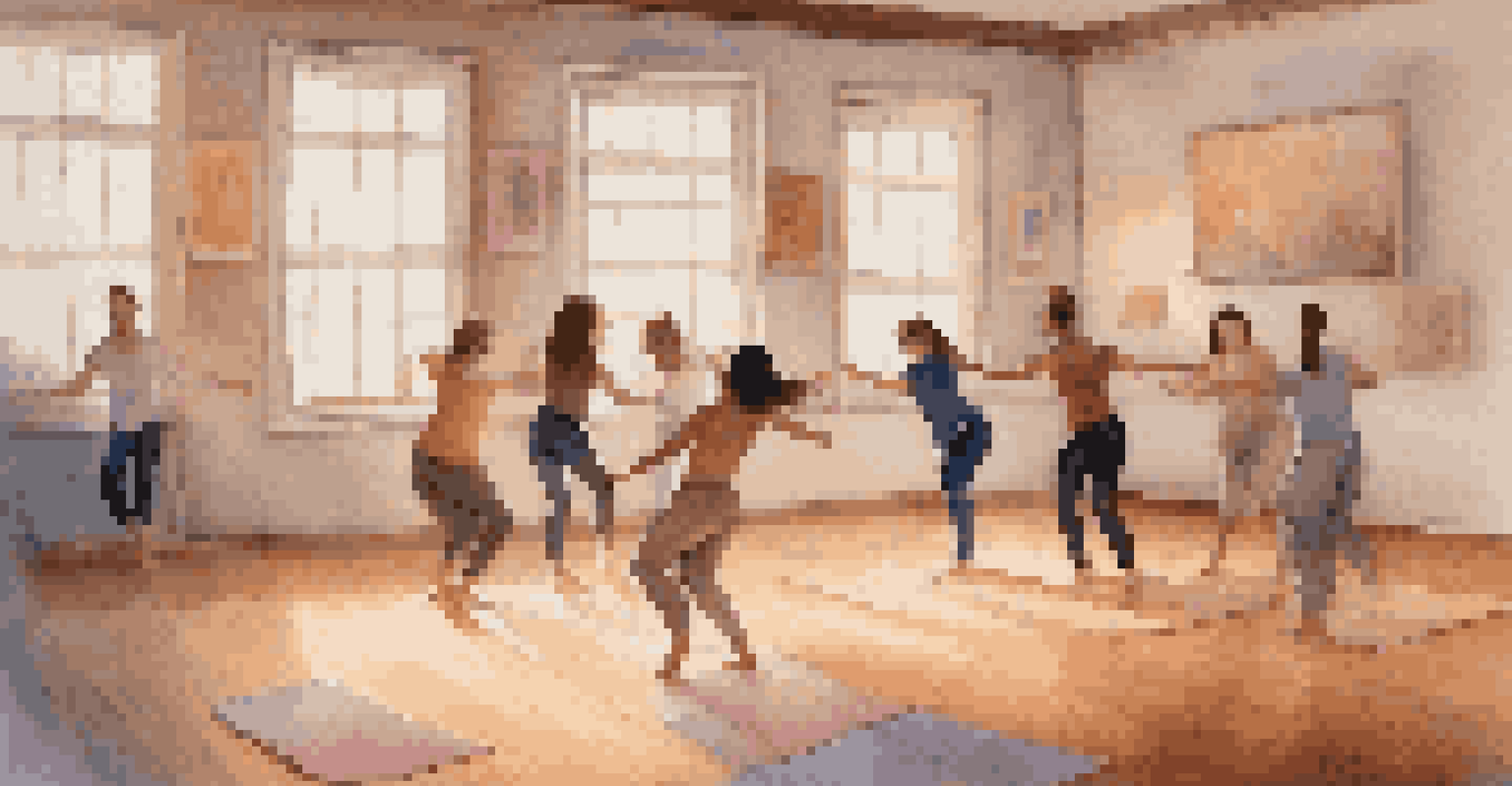 A young person gracefully dancing in a cozy studio during a dance therapy session, surrounded by colorful mats and soft lighting.