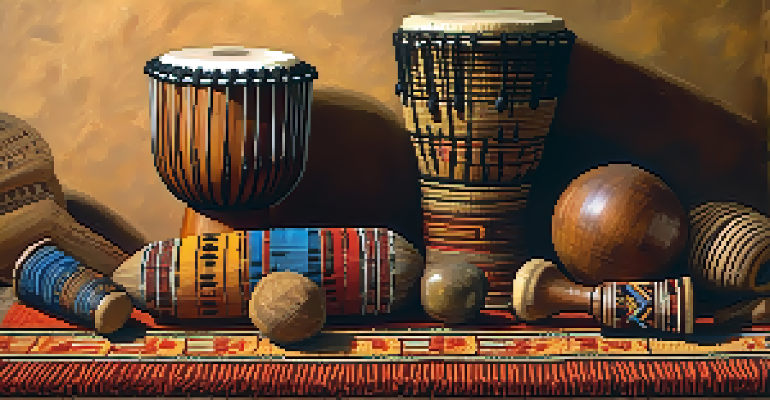 A close-up of traditional African instruments displayed on a mat, illuminated by warm light, showcasing intricate details.