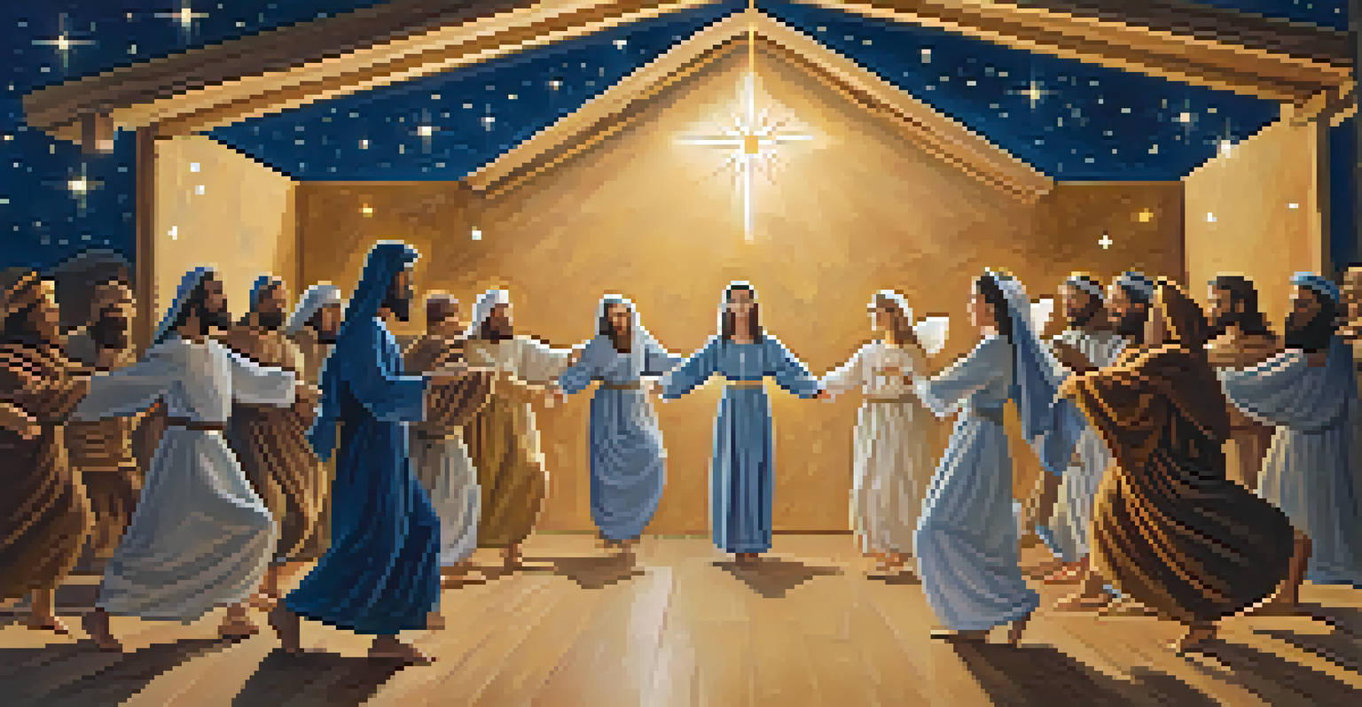 Ballet dancers portraying the Nativity scene with Mary, Joseph, and an angel, on a stage with golden lights and a starry night backdrop.