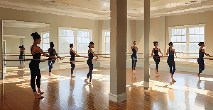 A diverse group of dancers practicing somatic movements in a bright and serene dance studio, with sunlight reflecting off wooden floors.