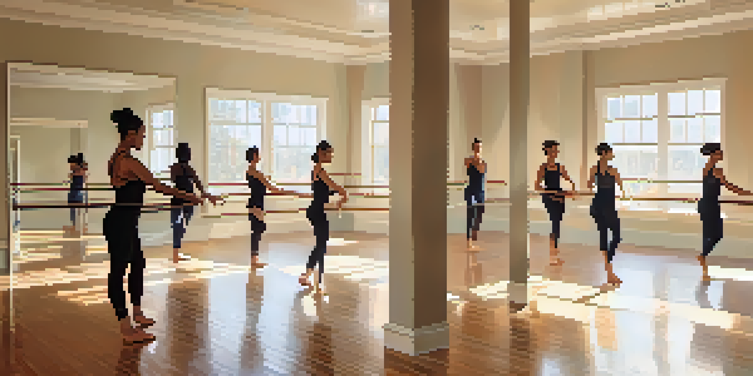 A diverse group of dancers practicing somatic movements in a bright and serene dance studio, with sunlight reflecting off wooden floors.