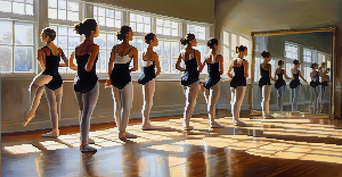 A diverse group of dancers practicing in a bright dance studio with mirrors and wooden floors, expressing emotions through their movements.