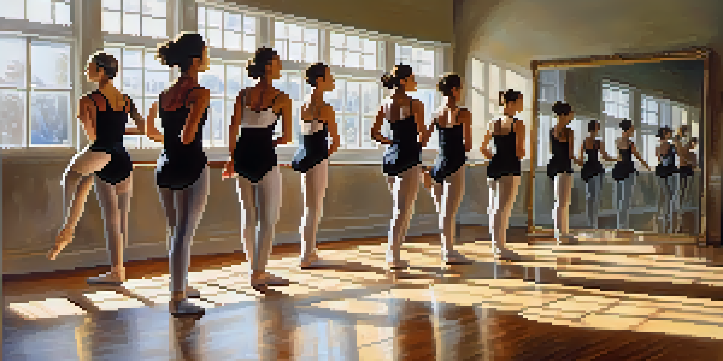 A diverse group of dancers practicing in a bright dance studio with mirrors and wooden floors, expressing emotions through their movements.