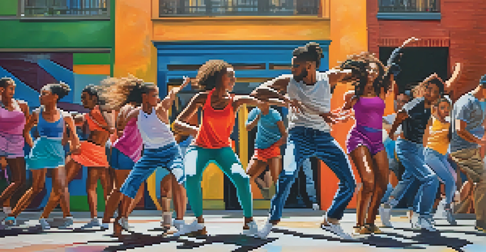 A lively street scene with diverse dancers performing different dance styles under bright sunlight.