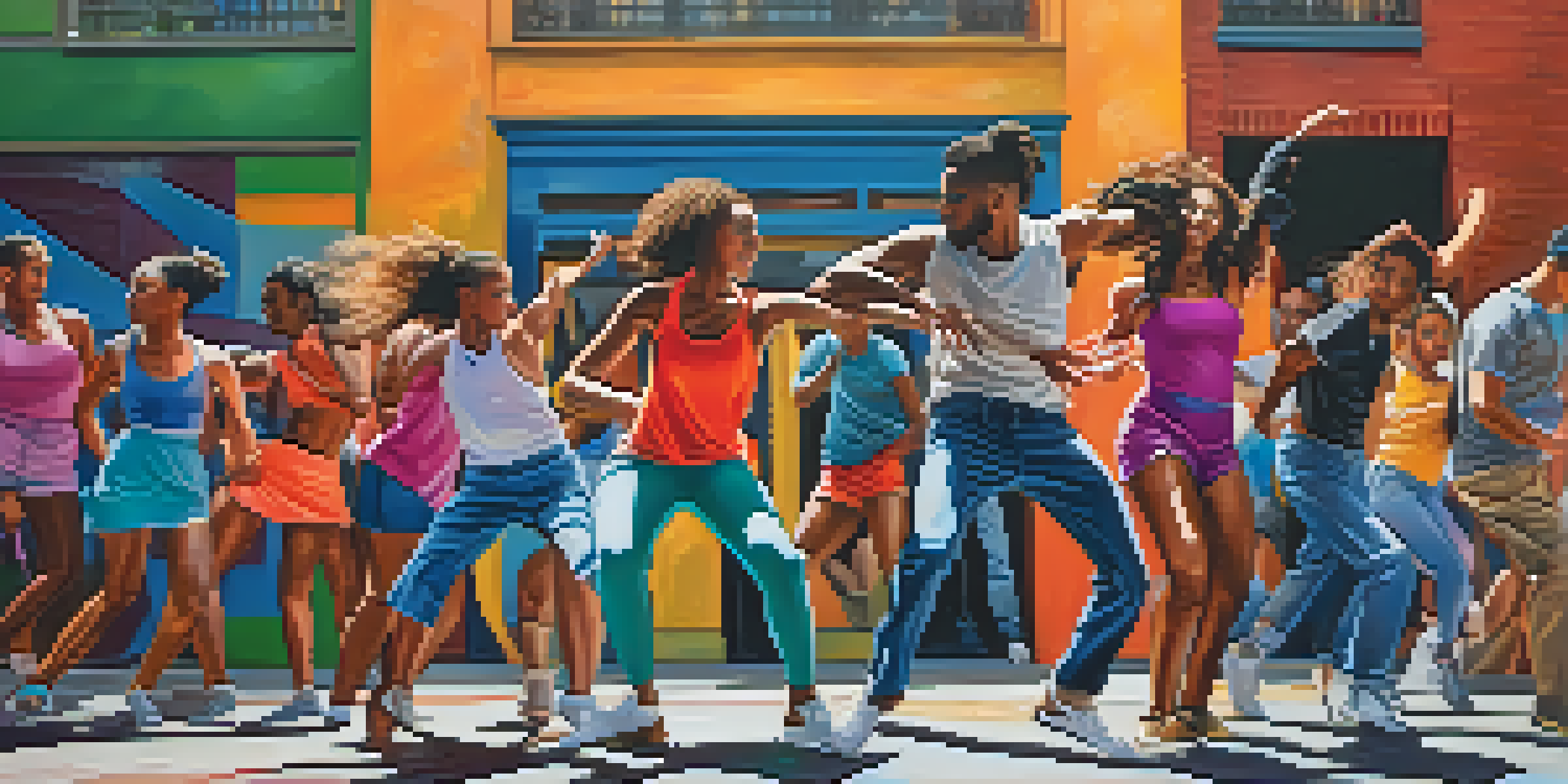 A lively street scene with diverse dancers performing different dance styles under bright sunlight.