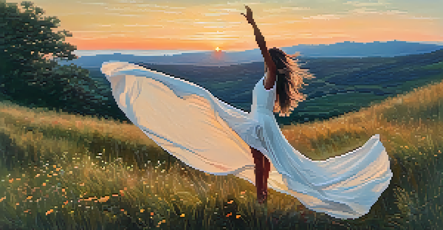 A contemporary dancer performing on a hilltop at sunset, surrounded by wildflowers and warm sunset colors.