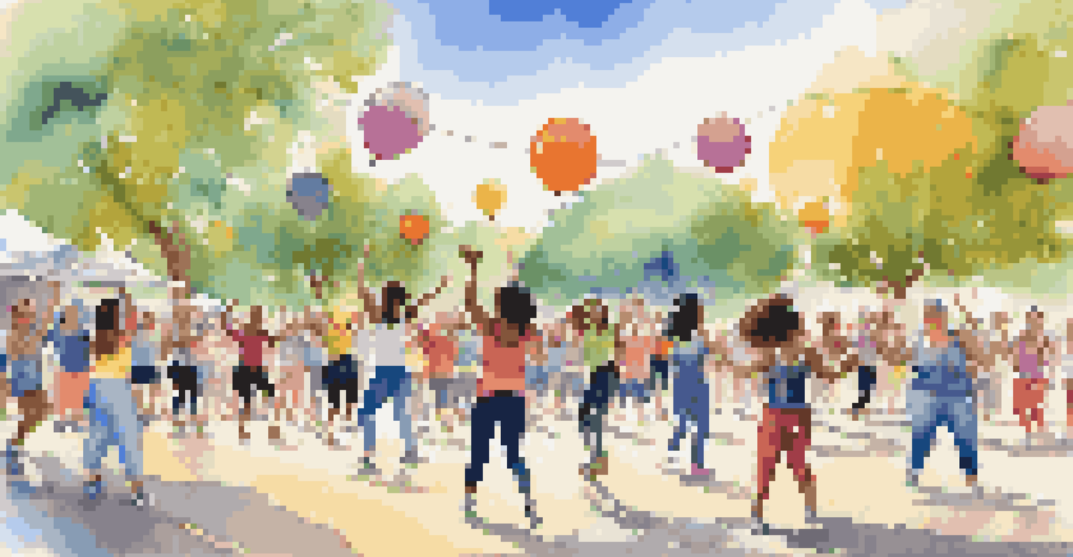 A vibrant outdoor Zumba event in a park with participants dancing together.