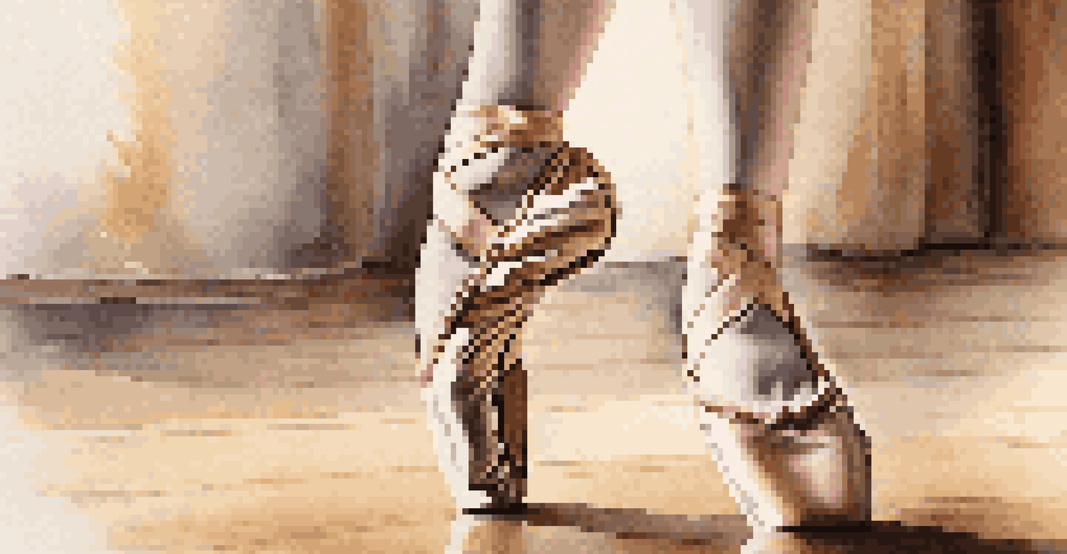 Close-up of a female ballet dancer's feet practicing on a polished wooden floor with soft lighting.