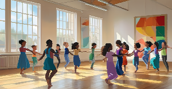 A diverse group of participants engaged in a joyful dance therapy session in a sunlit studio, showcasing various dance styles.