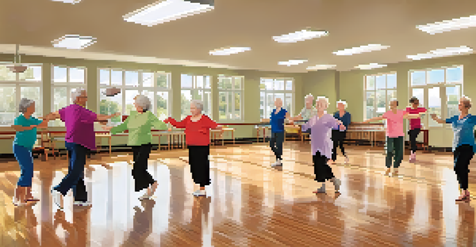 A lively dance class for seniors, with diverse participants dancing in a bright community center, surrounded by colorful decor and plants.