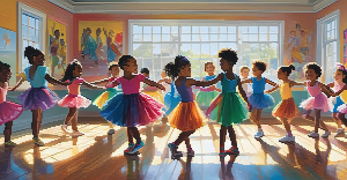 A vibrant dance class with children of different backgrounds, wearing colorful costumes and smiling as they practice various dance styles.