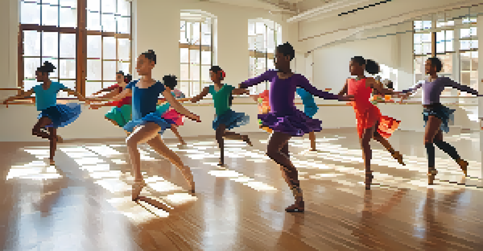 A diverse group of dancers in a bright studio, joyfully moving together in a community class.