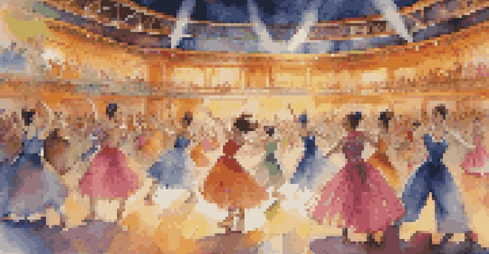 A lively dance competition with diverse dancers in colorful costumes performing on stage, surrounded by an enthusiastic audience and bright stage lights.