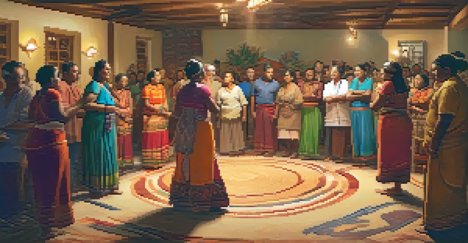 A close-up of a community gathering with individuals dancing in a circle, surrounded by cultural artifacts and warm lighting.