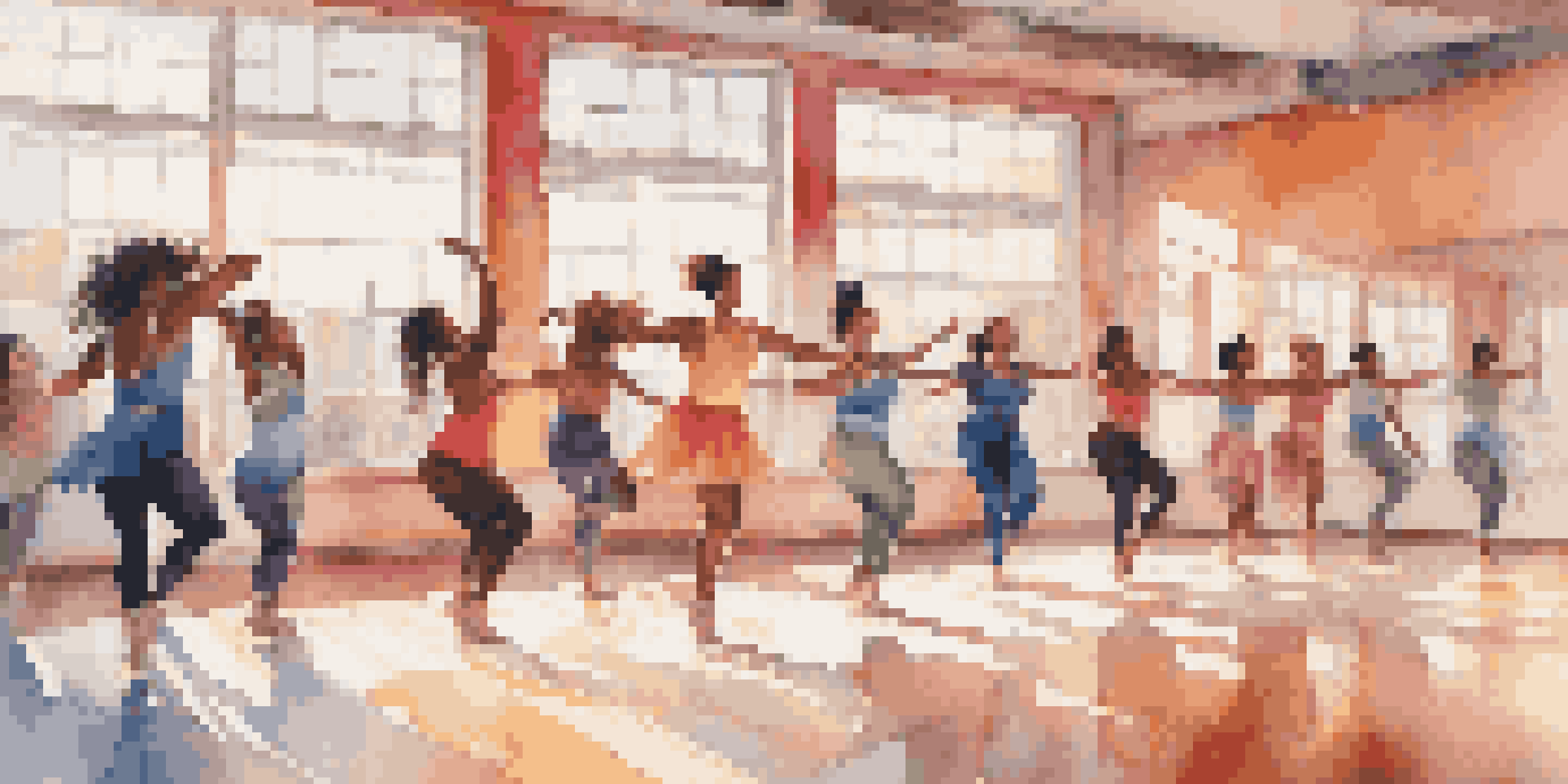 A colorful dance studio with diverse young dancers practicing together, celebrating body positivity and creativity.