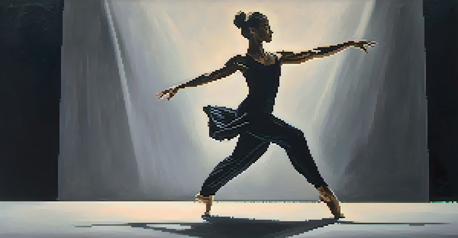 A dancer in dark hues striking a powerful pose against a black backdrop, with dramatic lighting highlighting their movements.