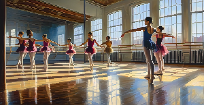 A bright dance studio with sunlight and a diverse group of dancers practicing ballet in colorful leotards.