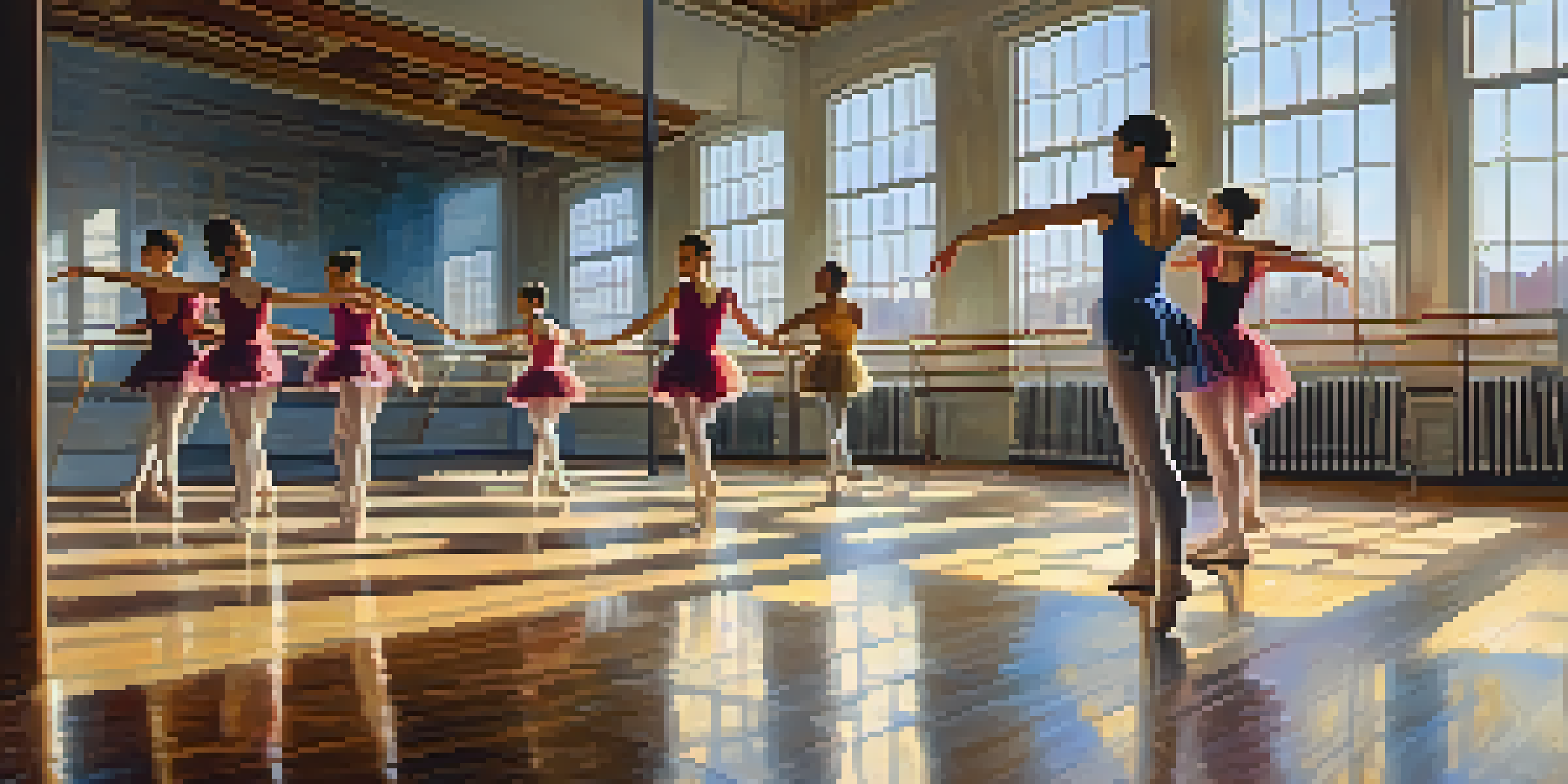 A bright dance studio with sunlight and a diverse group of dancers practicing ballet in colorful leotards.