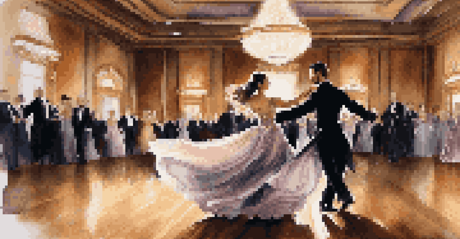 A ballroom dancing couple in elegant costumes, with romantic lighting and a polished wooden floor.