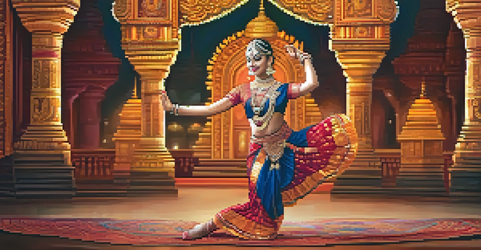 A Bharatanatyam dancer performing on stage in a colorful traditional costume with a temple backdrop.