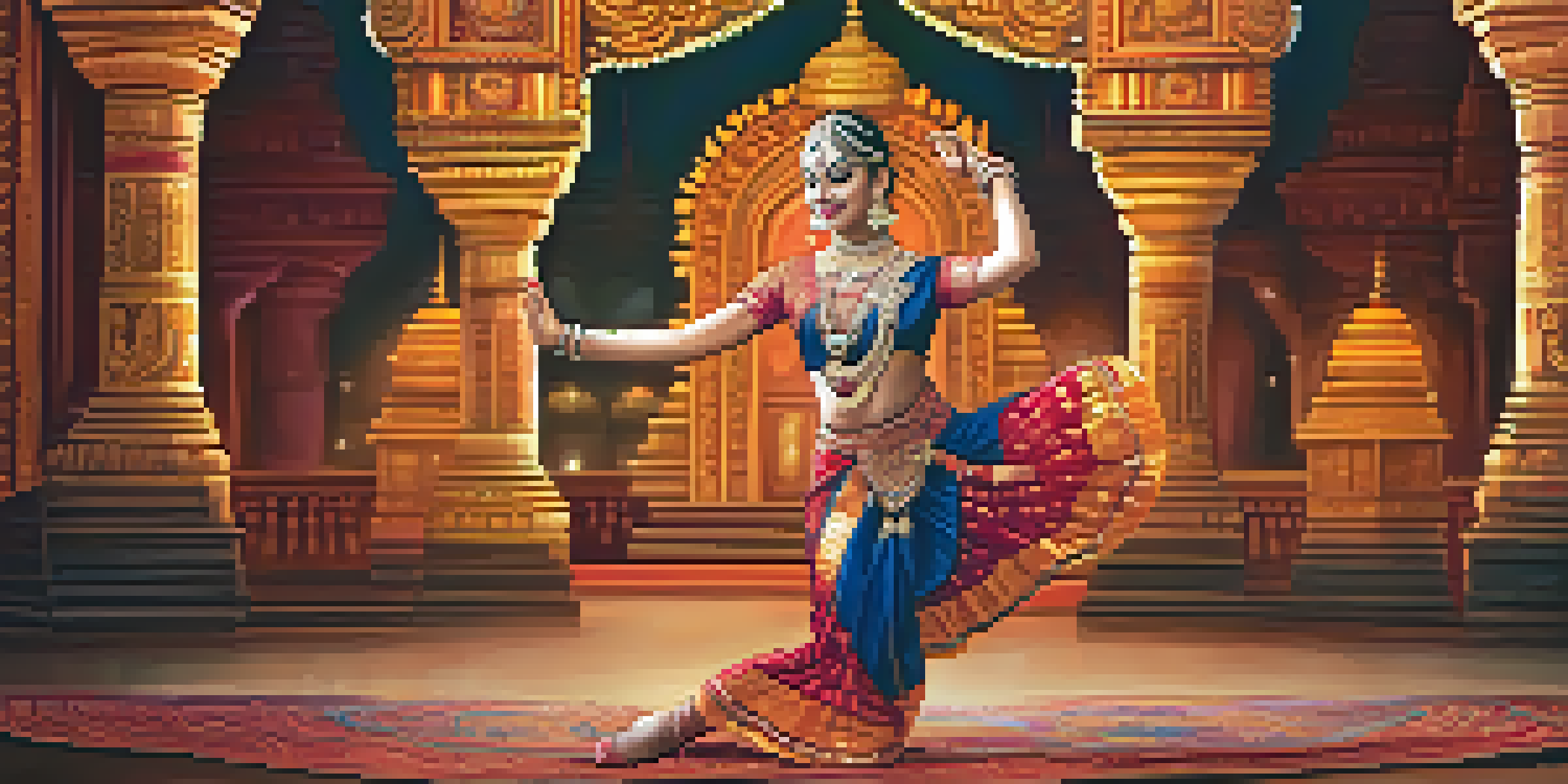 A Bharatanatyam dancer performing on stage in a colorful traditional costume with a temple backdrop.