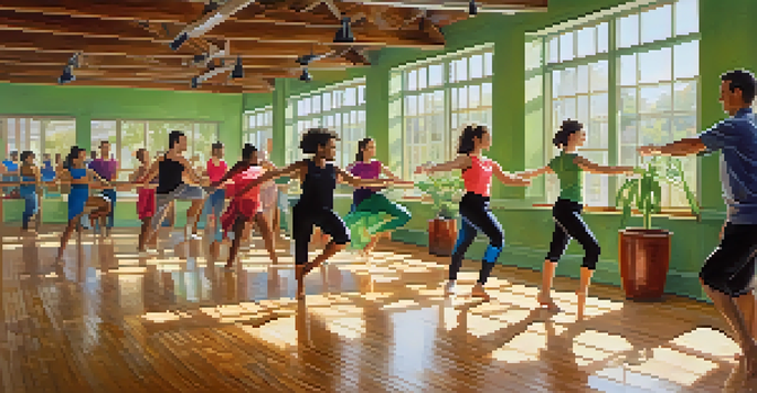 A diverse group of dancers in a bright dance studio, expressing joy through movement.