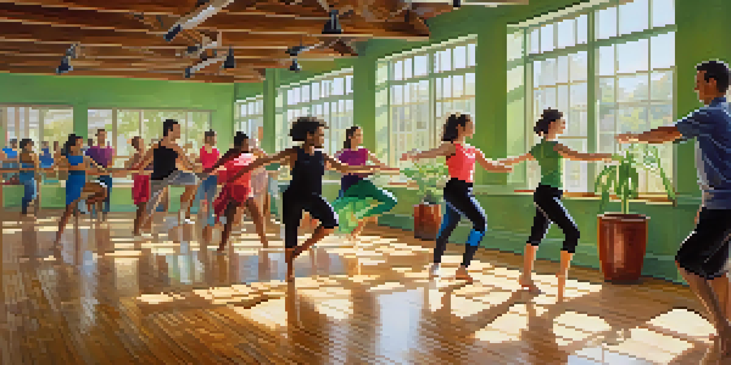 A diverse group of dancers in a bright dance studio, expressing joy through movement.