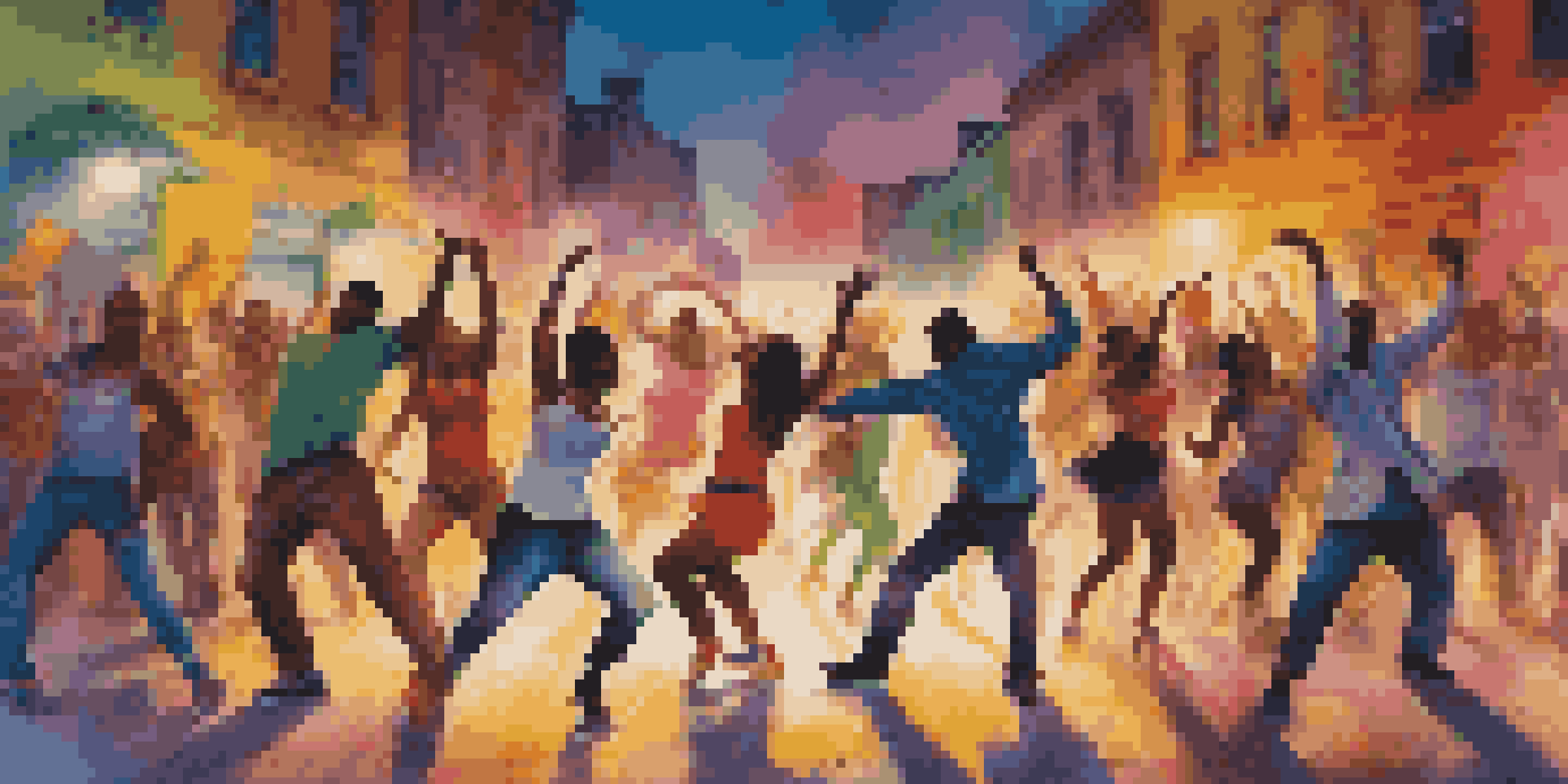 A street dance battle with dancers in vibrant outfits performing in front of graffiti-covered walls, illuminated by bright lights.