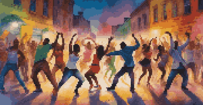 A street dance battle with dancers in vibrant outfits performing in front of graffiti-covered walls, illuminated by bright lights.