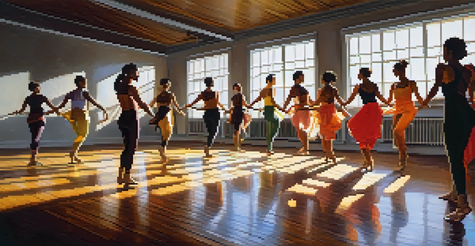 A choreographer leading a diverse group of dancers in a brightly colored studio, illuminated by warm lighting.