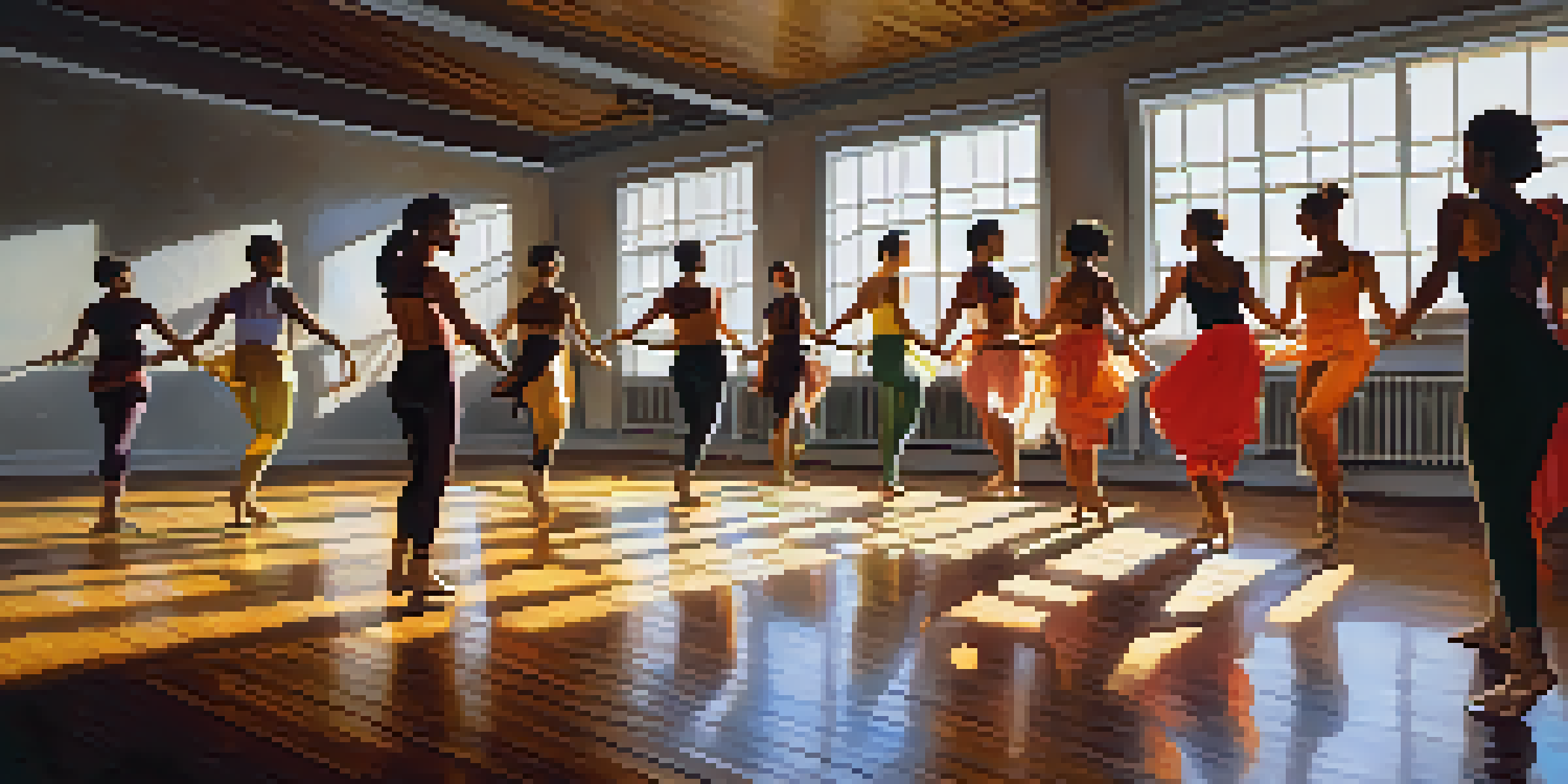 A choreographer leading a diverse group of dancers in a brightly colored studio, illuminated by warm lighting.