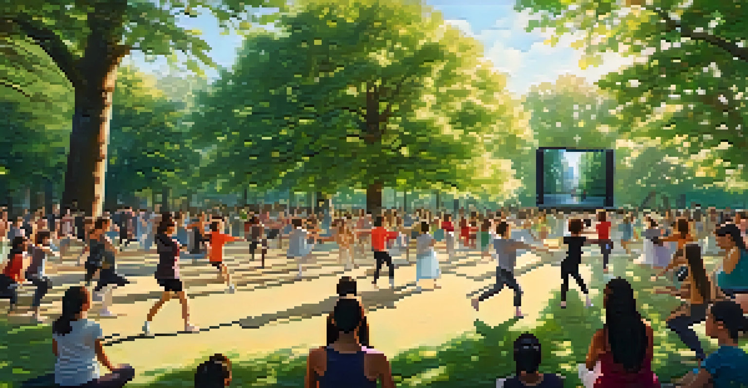 Students participating in an outdoor dance class, following an instructor on a large screen in a sunny park setting.