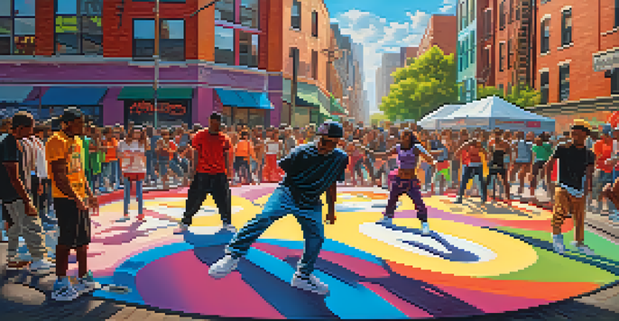 A group of breakdancers performing in a circle on the street, with an audience of diverse onlookers. Urban murals and graffiti in the background, capturing the essence of hip-hop culture.