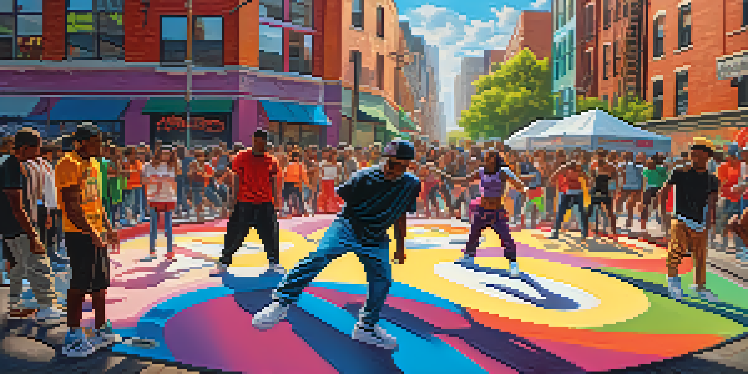 A group of breakdancers performing in a circle on the street, with an audience of diverse onlookers. Urban murals and graffiti in the background, capturing the essence of hip-hop culture.