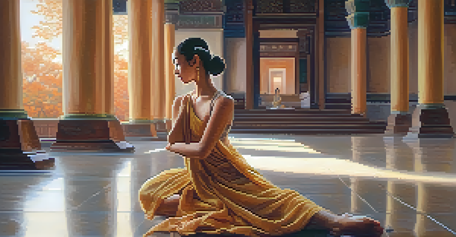 A solitary dancer in a temple, practicing a meditative dance, surrounded by flickering candles that create a serene atmosphere.