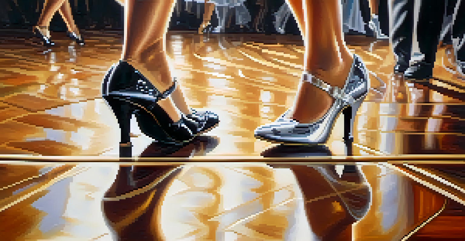 Close-up of elegant dancing shoes on a polished floor, with blurred dancers in the background.