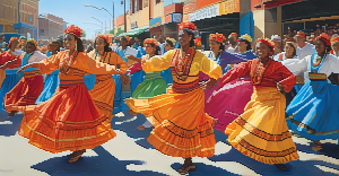 A diverse group of dancers in colorful costumes performing a traditional dance in a lively street scene, with a supportive crowd and banners for social justice in the background.