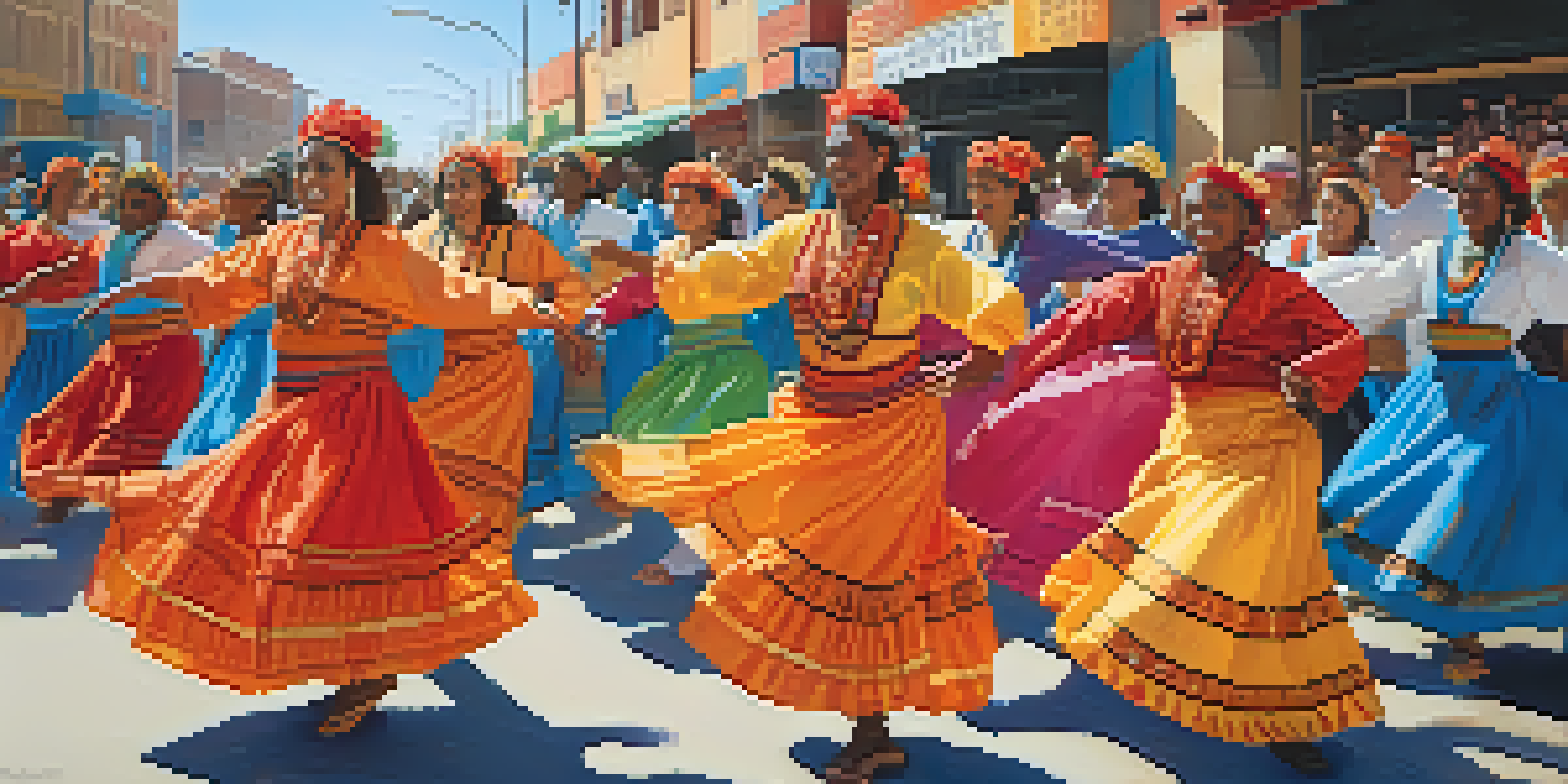 A diverse group of dancers in colorful costumes performing a traditional dance in a lively street scene, with a supportive crowd and banners for social justice in the background.