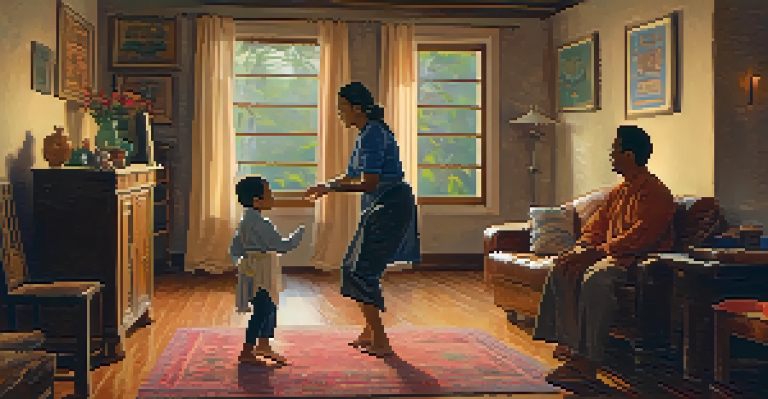 A family teaching a child traditional dance steps in a cozy living room filled with cultural artifacts.