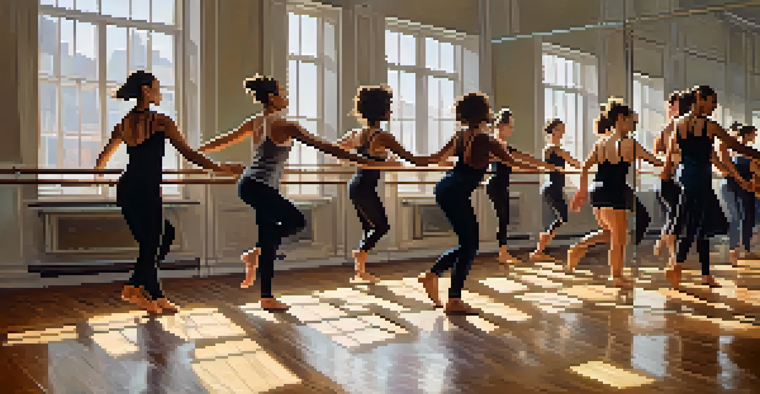 A contemporary dance class with diverse dancers expressing emotions through movement in a warmly lit studio.