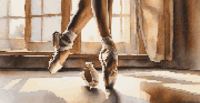 A close-up view of a dancer's feet in motion on a textured dance floor, with soft light highlighting the dancer's shoes.