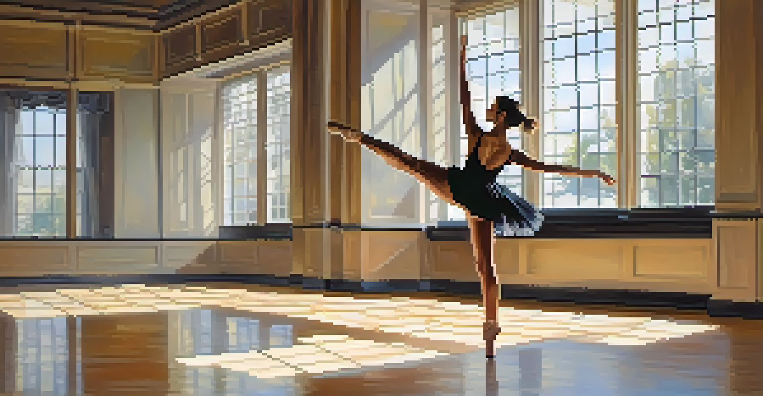 A dancer practicing in a sunlit studio with mirrors, large windows, and a wooden floor, showcasing a graceful pose.