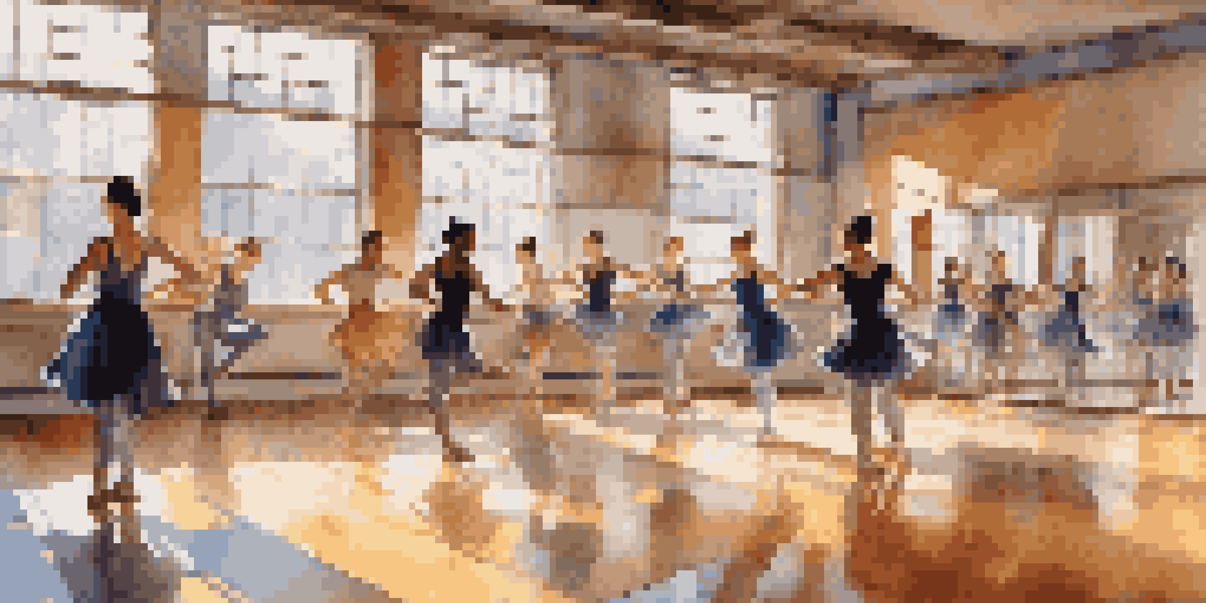 A lively dance workshop with dancers practicing various styles in a sunlit studio, reflecting their movements in mirrors.