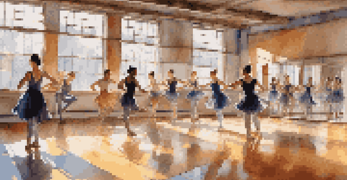 A lively dance workshop with dancers practicing various styles in a sunlit studio, reflecting their movements in mirrors.