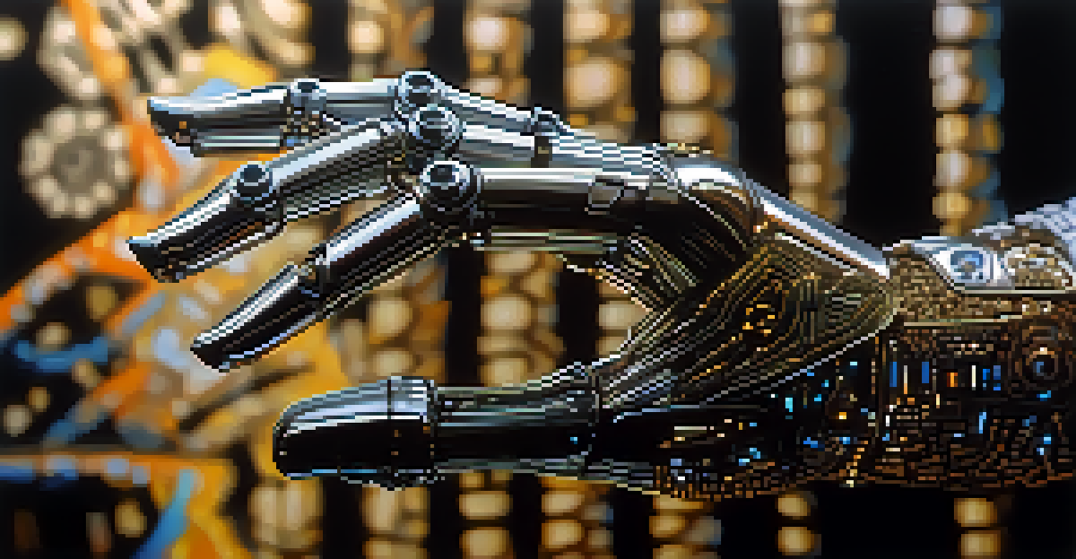 A close-up of a dancer's hand reaching out to a robotic arm, with dramatic lighting emphasizing the connection.