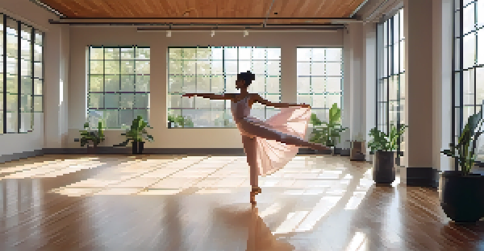 A dancer performing gracefully in a bright dance studio with large windows and plants.