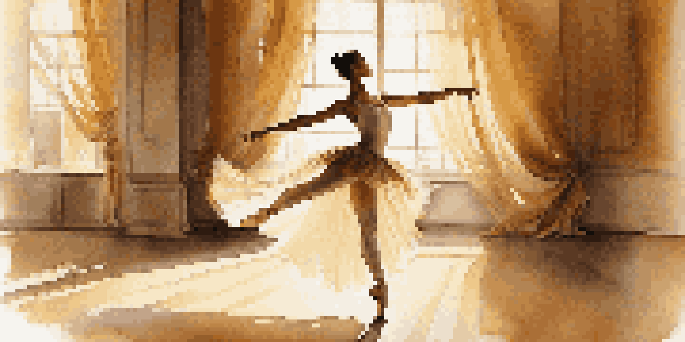 A ballet dancer in an arabesque pose on a sunlit stage, surrounded by soft curtains, showcasing grace and elegance.