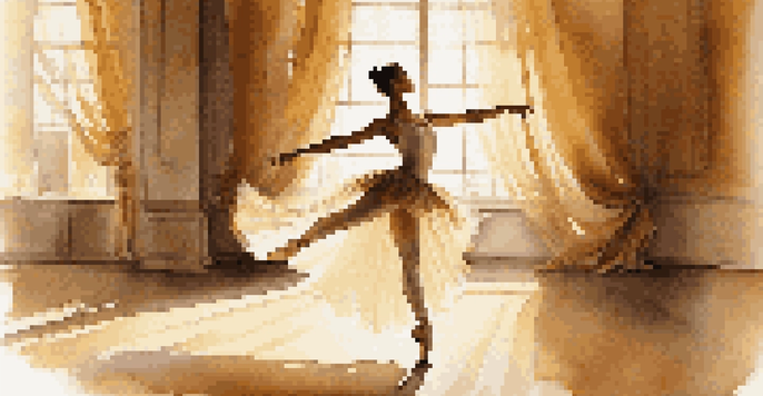 A ballet dancer in an arabesque pose on a sunlit stage, surrounded by soft curtains, showcasing grace and elegance.