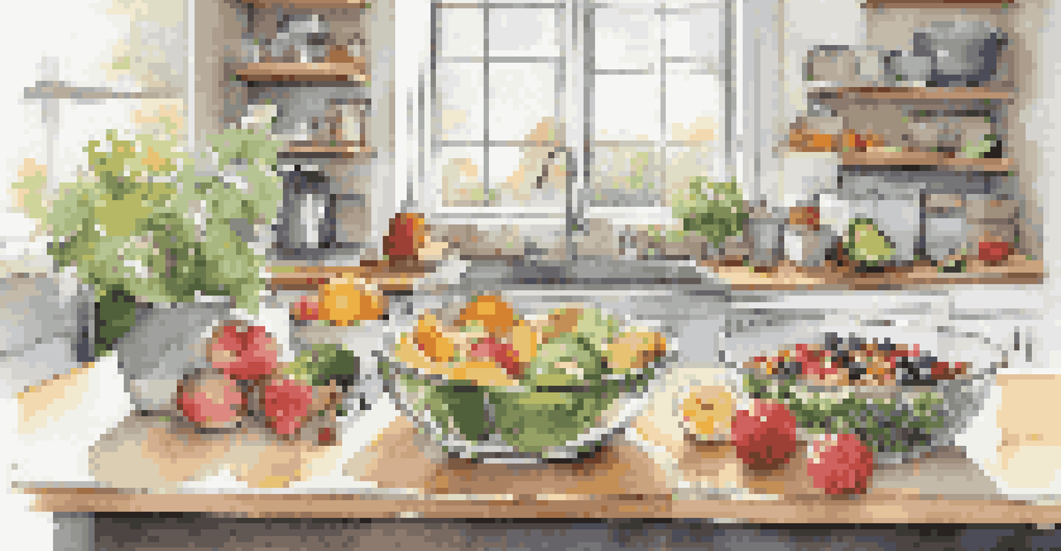 A colorful display of healthy meal prep ingredients for dancers, including fruits, grains, and proteins, in a bright kitchen.